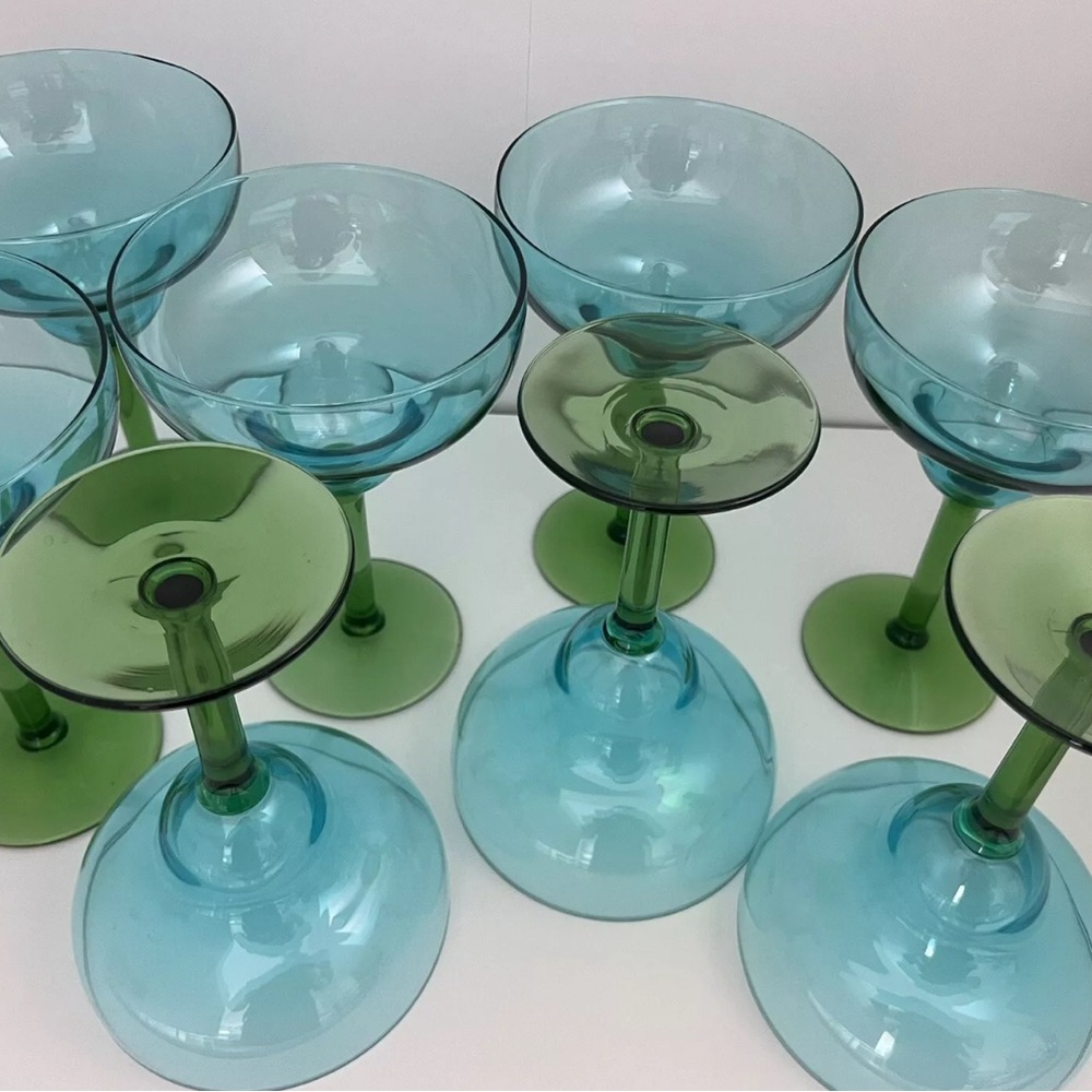 Set of 8 Hand Blown Glass Margarita Glasses with Blue Bowls & Green Stems - Picture 4 of 9
